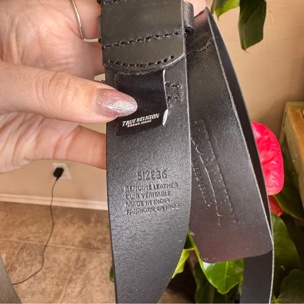 True Religion Belt Black Silver Leather 36